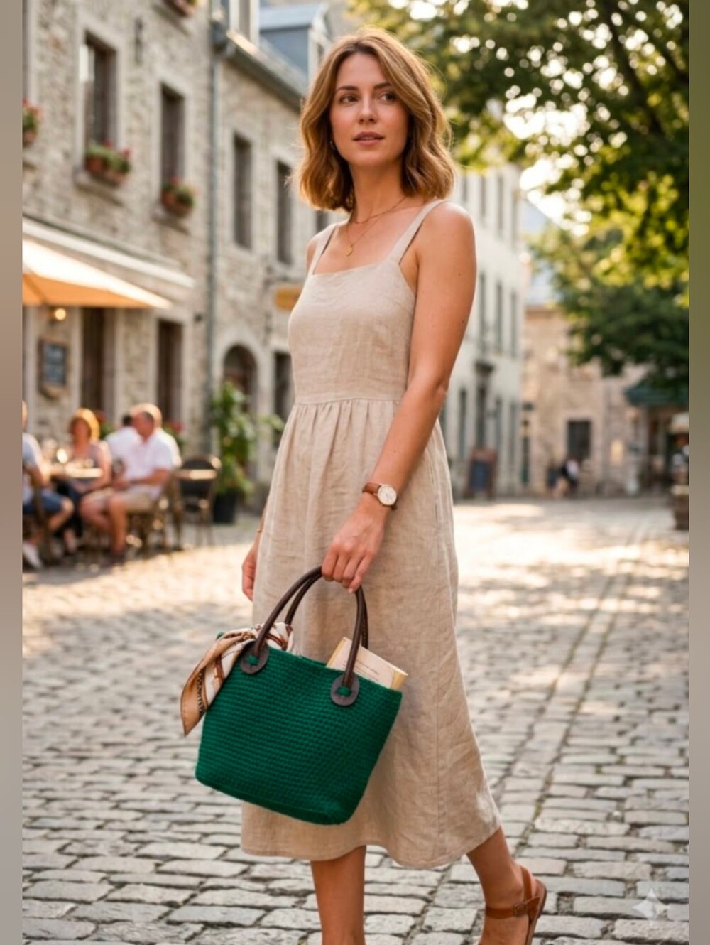 NWT! Handmade Crochet Green Bucket Bag Genuine Leather Rolled Brown Handles